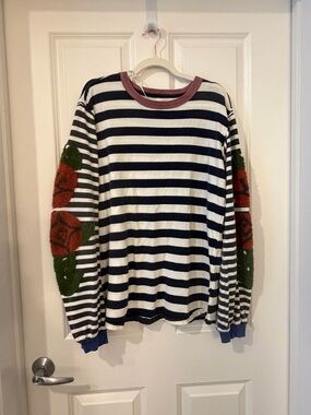 Free People Stripe Long Sleeve Roses Tee